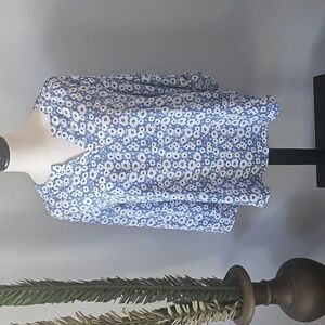 Cato Blue and White Floral Print Popover Blouse
